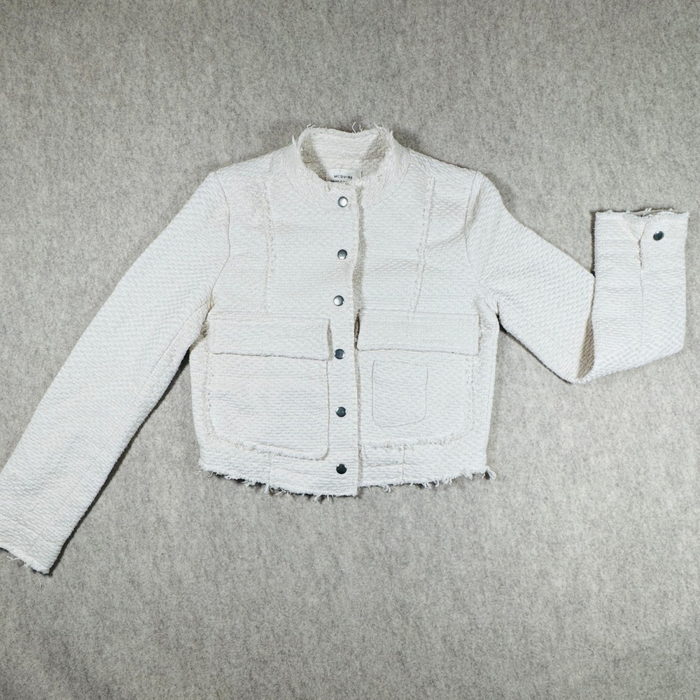 McGuire Jacket Womens XS Cream Boucle Frayed Edge Cropped Snap Front Metallic